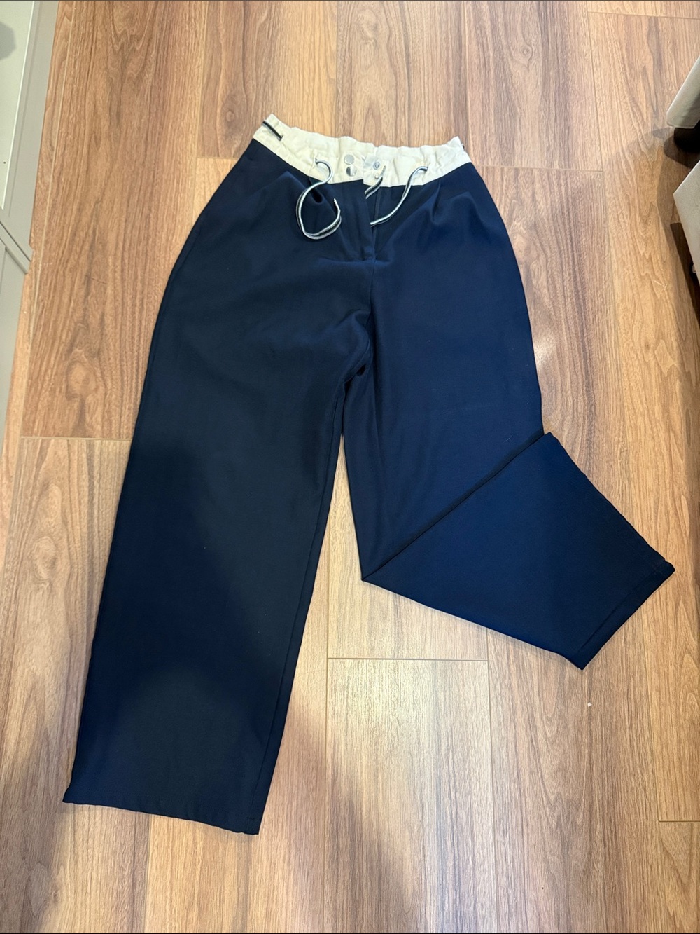 Womens Navy Drawstring Waist Wide-Leg Pants
